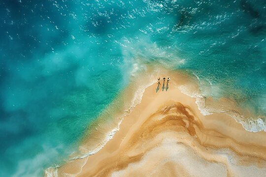 Depicting A Aerial View Of People Walking On A Beach Near The Ocean Waters