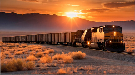 A freight train passing through barren plains with a beautiful sunset in the background.