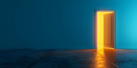 Opportunity symbolized by yellow light through open door on blue background. Concept Opportunity, Yellow Light, Open Door, Blue Background