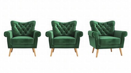 Fototapeta premium Green Velvet fabric armchair set with wood legs isolated on white background. generative ai