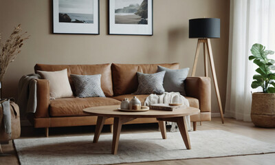 Round wooden coffee table near wooden sofa with beige pillows. Scandinavian home interior design of modern living room.