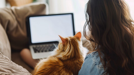 Woman Sitting on Couch With Laptop and Cat