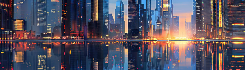 Fototapeta premium Cityscape Reflections: Close-up of cityscape reflections in water, glass facades, and mirrored surfaces, highlighting the city's reflective beauty and architectural symmetry