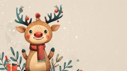 The adorable reindeer has a red nose and is adorned with festive decorations in this vector illustration, Generated by AI