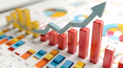 Bar graph with rising bars and upwardpointing arrow, isolated on white background, financial success, stock photo, clean design