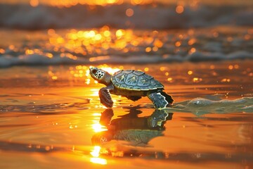 A baby turtle runs along the beach at the end of a beach