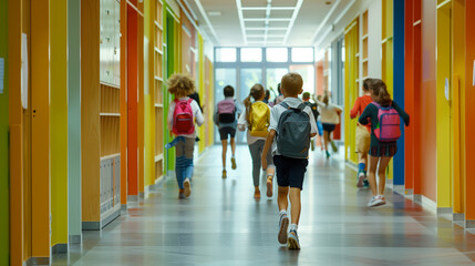 Group of Kids Walking Down School Hallway