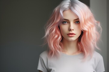 Fototapeta premium Portrait of a fashionable young woman with curly pastel pink hair and a serious expression