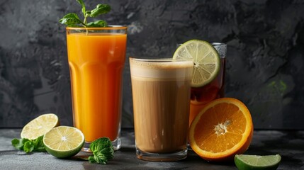 Fototapeta premium Latte, Americano, Orange juice, Lime tea served on dark background. generative ai
