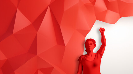 Empowering Womens Day Poster with Silhouette of Woman's Face and Fists in Paper Cut Style, Symbolizing Feminism and Independence - 3D Illustration with Copy Space.