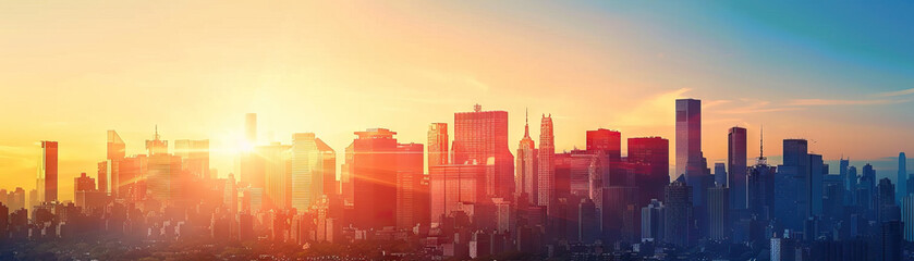 Fototapeta premium City Skylines at Dawn: Close-up of city skylines at dawn, early morning light, and waking cityscape, highlighting the city's peaceful and awakening beauty