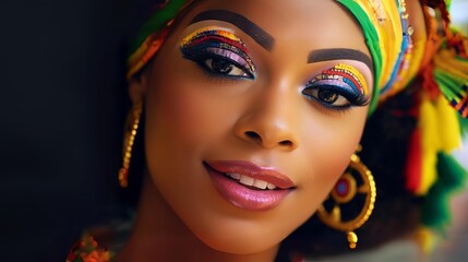 Naklejka premium portrait of a young, beautiful confident afro american woman in her 20s or 30s; close up to face and artistic, colorfull make up; perfect for beauty ads, make-up artist, cosmetics