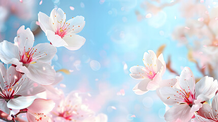 Springtime pink cherry blossom with sunshine bokeh, blue background, copy space background