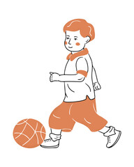 Contrast doodle drawing of small boy playing football. Contour flat sketchy illustration isolated on white background. Vector happy childhood concept for logo, sticker