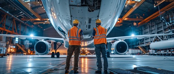 Two engineers in hard hats and safety vests inspect the undercarriage of a large passenger plane in a hangar.