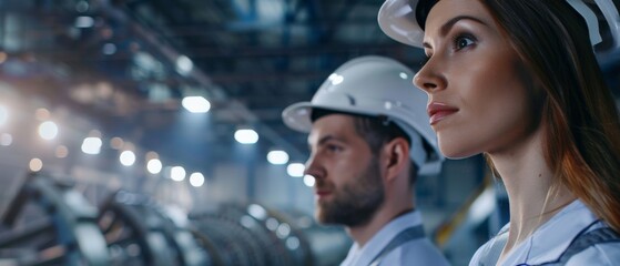 Portrait of two industrial engineers in hardhats at a modern factory