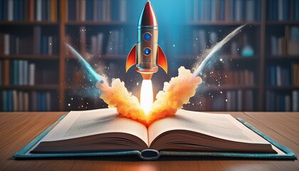 a rocket flying out of an open book. concept of pursuit of knowledge