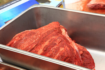 View of the seasoned pork for barbecue