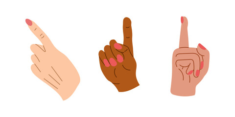 Fototapeta premium Flat hand drawn set of multiracial hands pointing up. Diverse body language. Vector flat doodle illustrations isolated on white background