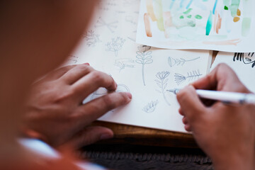 Person, hands and creative drawing or sketching plants or artistic process as book illustrator,...