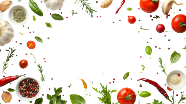 Fresh variety vegetables, spices and herbs frame on white background 