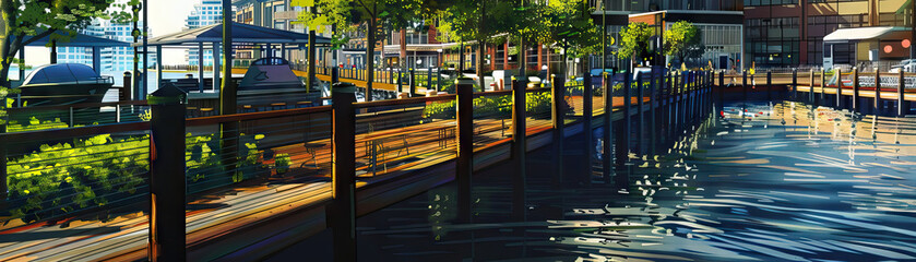 Waterfront Boardwalks: Close-up of waterfront boardwalks, outdoor cafes, and recreational areas, highlighting the city's waterfront lifestyle and leisure activities