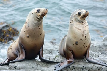 Featuring a two sea lions sitting on rocks, high quality, high resolution
