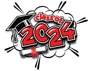 2024 class graduate header. Decorate congratulation for school graduates in comic cartoon style. Vector on transparent background