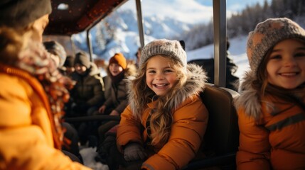 Obraz premium A joyous young girl smiles brightly inside a winter bus, representing childhood and winter joy