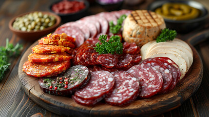 processing of smoked foods, sausage, ham, cheese, meat, on a wooden table