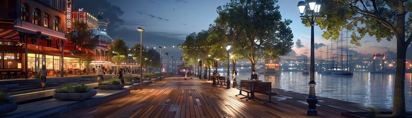 Waterfront Boardwalks: Close-up of waterfront boardwalks, outdoor cafes, and recreational areas, highlighting the city's waterfront lifestyle and leisure activities