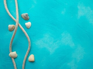 Ropes and seashells on blue textured background