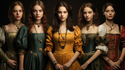 Five women dress in period costumes posing together, emanating historical elegance
