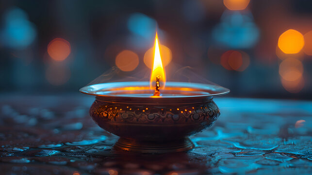 A close-up of a flickering oil lamp flame