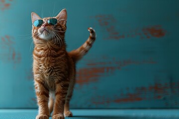 Depicting a orange cat wearing sunglasses standing on blue background