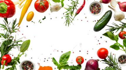 Fresh variety vegetables, spices and herbs frame on white background 