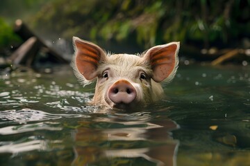 a pig swims in a deep river