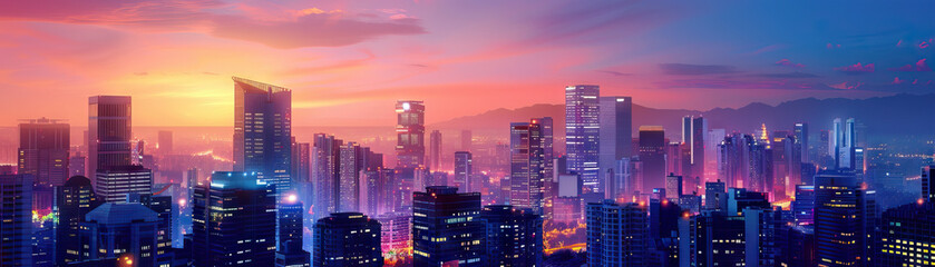 City Skylines at Dusk: Close-up of city skylines at dusk, illuminated buildings, and twilight views, highlighting the city's dynamic and vibrant nightlife