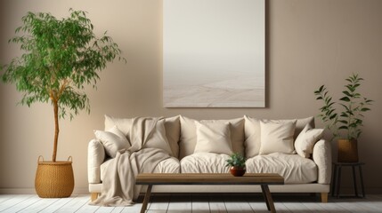 Fototapeta premium A tranquil living room setup featuring a comfortable sofa, houseplants, and a large plain canvas above
