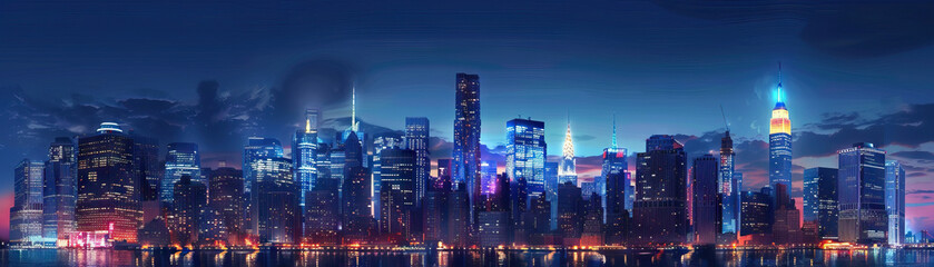 Obraz premium City Skylines at Dusk: Close-up of city skylines at dusk, illuminated buildings, and twilight views, highlighting the city's dynamic and vibrant nightlife