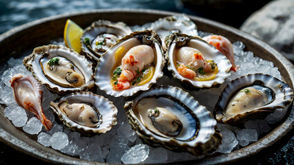 Naklejka premium Oysters and Mollusks/ Nature’s Culinary Gems/ Dive into the underwater world where fresh shell raw mollusks and sea oysters are sourced
