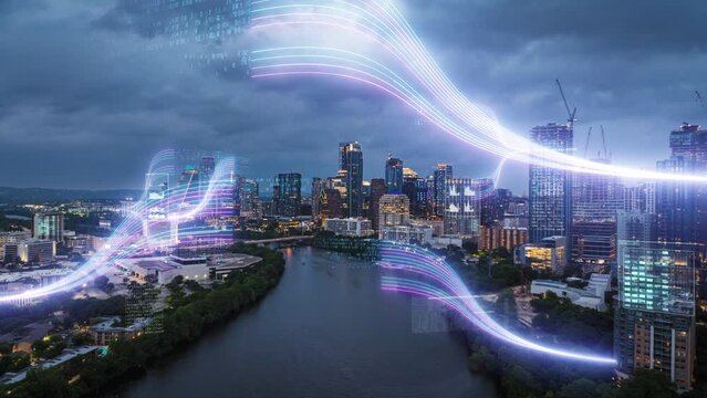 Vibrant data visuals blend with the futuristic modern city skyline. Perfect for tech, analytics, and urban projects