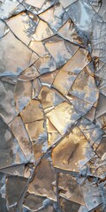 Abstract close-up of shattered glass with golden light reflections, creating a textured and intricate pattern.