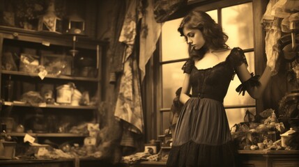 A sepia-toned photograph depicting a woman in vintage clothing, posing thoughtfully in an old-fashioned shop with various items