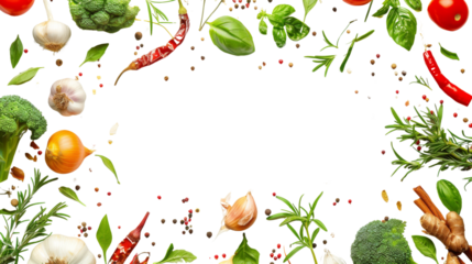 Fresh variety vegetables, spices and herbs frame on white background 