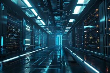 A server room with glowing lights technology , AI generated