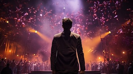 Fototapeta premium A male performer stands on stage with confetti falling, spotlight and cheering audience in the background