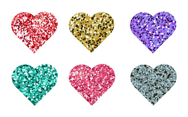 Glitter hearts set. Decorative glitter shiny hearts set isolated on white.  Vector illustration for web, banner, sticker, wedding, Valentines greeting card.