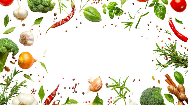 Fresh variety vegetables, spices and herbs frame on white background 