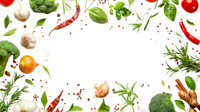 Fresh variety vegetables, spices and herbs frame on white background 